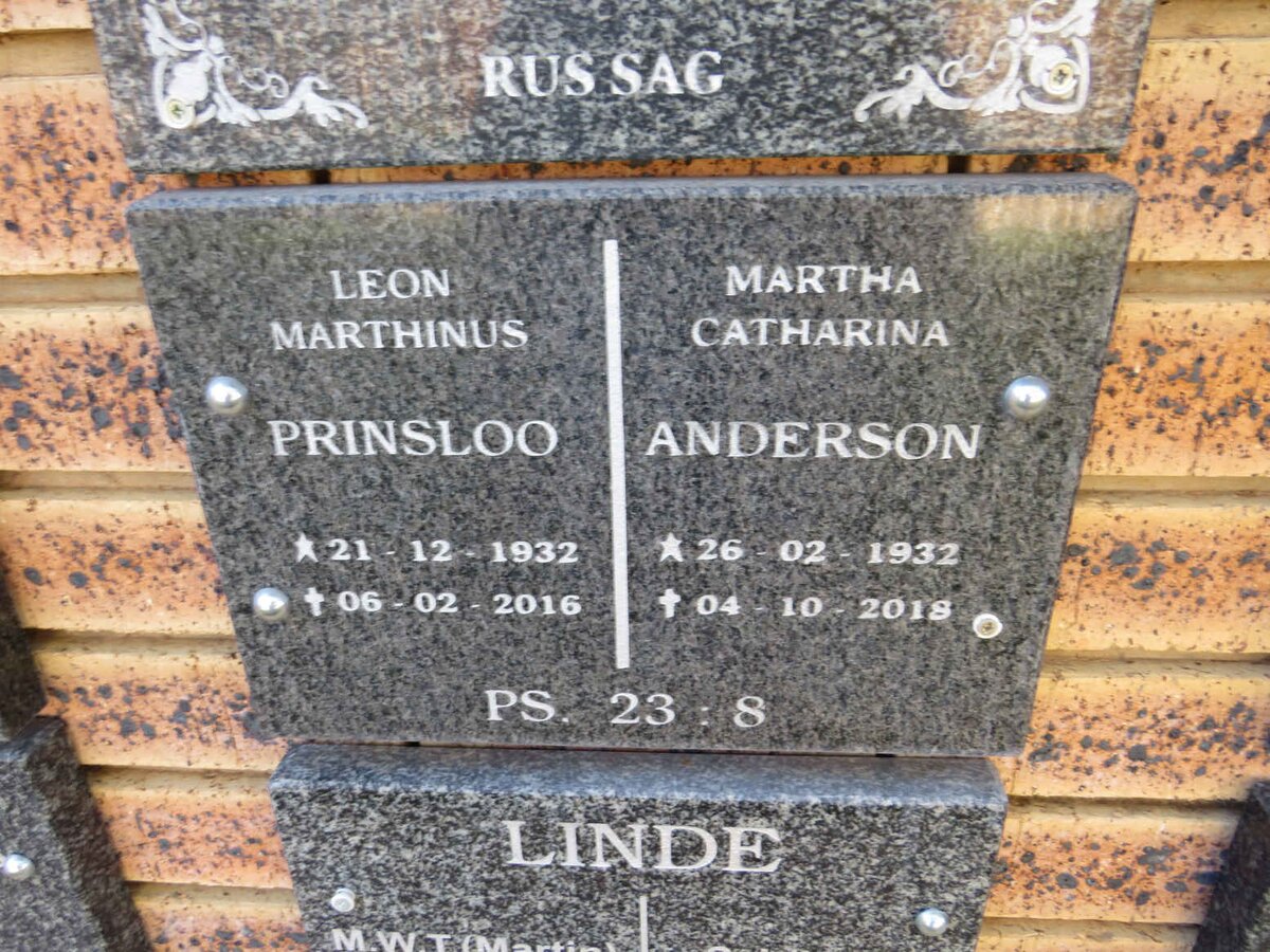 PRINSLOO Leon Marthinus 1932-2016 & Martha Catharina ANDERSON 1932-2018