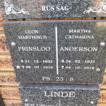 PRINSLOO Leon Marthinus 1932-2016 & Martha Catharina ANDERSON 1932-2018