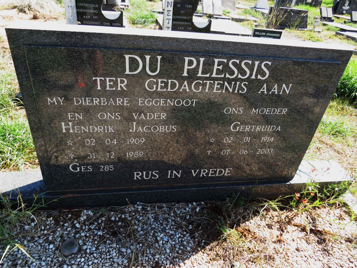 PLESSIS Hendrik Jacobus, du 1909-1989 & Gertruida 1914-2003