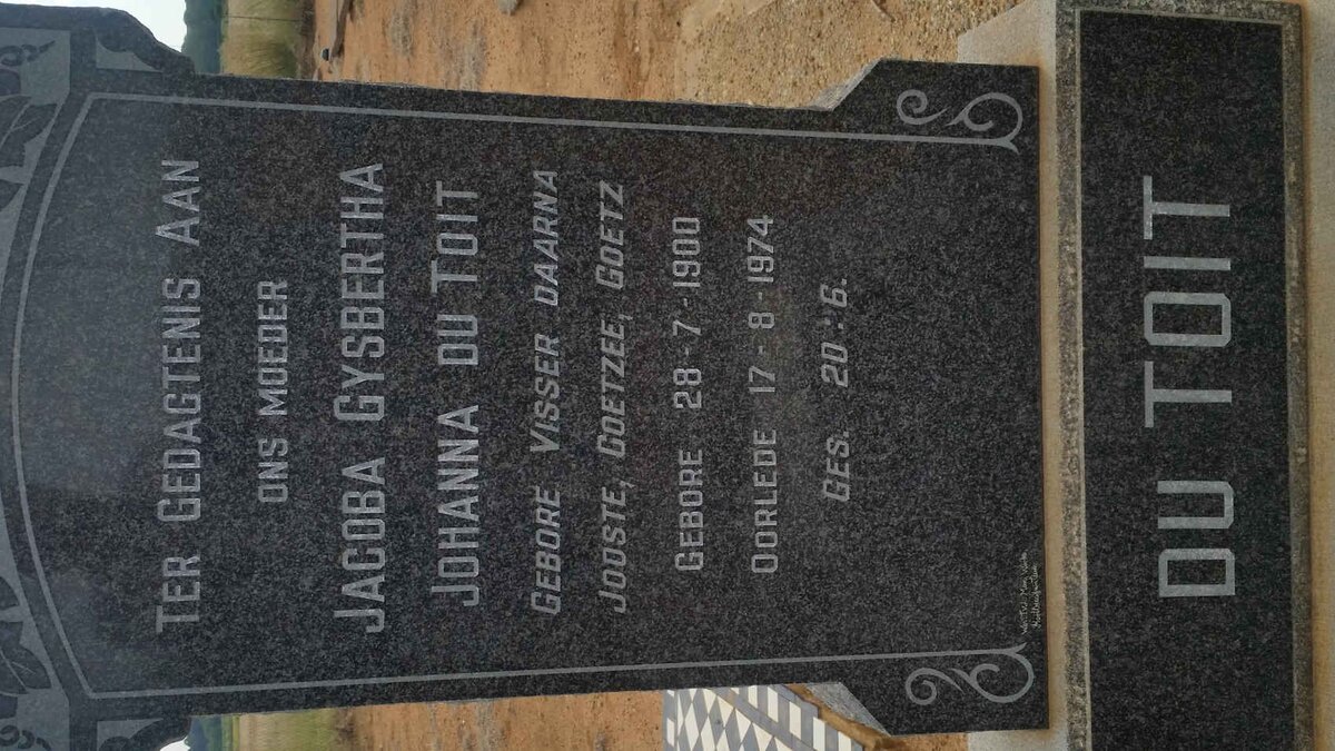 TOIT Jacoba Gysbertha Johanna, du voorheen JOOSTE, COETZEE, COETZ nee VISSER 1900-1974