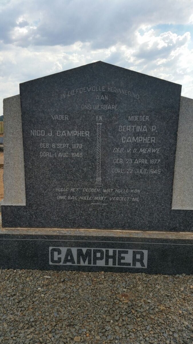CAMPHER Nico J. 1873-1946 &amp; Gertina P. V.D. MERWE 1877-1945