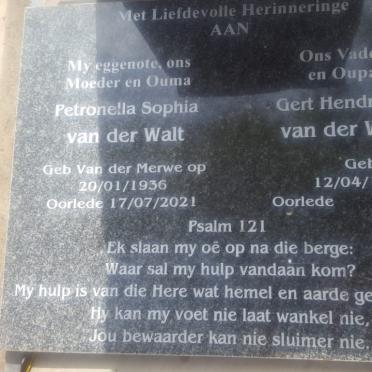 WALT Gert Hendrikus, van der 1933- &amp; Petronella Sophia VAN DER MERWE 1936-2021