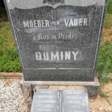 DUMINY Francois Pieré Sarel 1851-1933 &amp; Martha Catharina Johanna nee ROOS 1860-1948