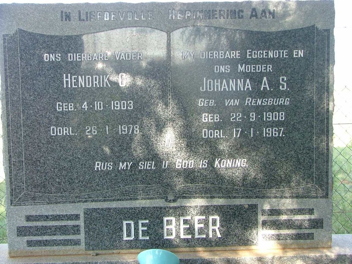 BEER Hendrik C., de 1903-1978 &amp; Johanna A.S. VAN RENSBURG 1908-1967