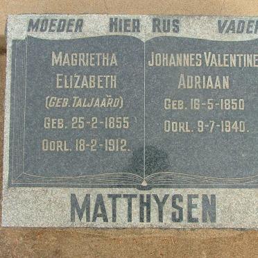 MATTHYSEN Johannes Valentine Adriaan 1850-1940 &amp; Margarietha Elizabeth  TALJAARD 1855-1912