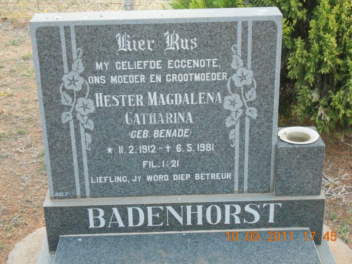 BADENHORST Hester Magdalena Catharina nee BENADE 1912-1981