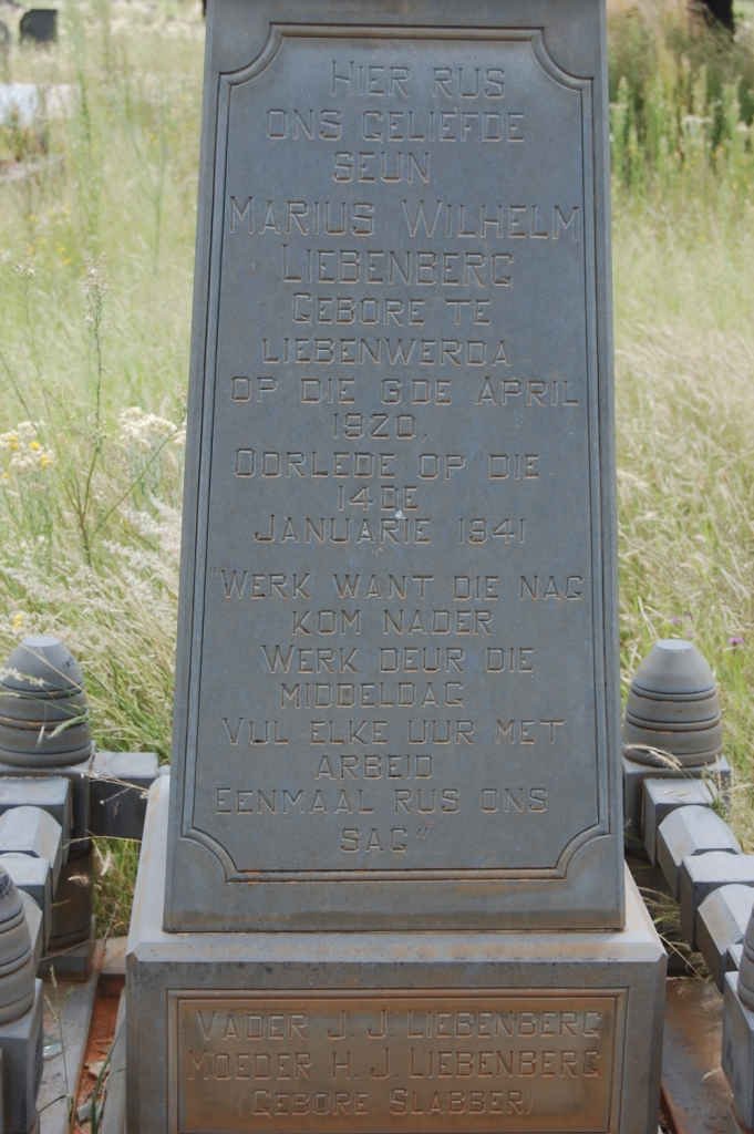 LIEBENBERG J.J. &amp; H.J. SLABBER :: LIEBENBERG Marius Wilhelm 1920-1941