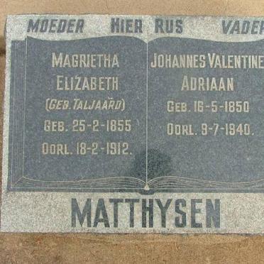 MATTHYSEN Johannes Valentine Adriaan 1850-1940 &amp; Margarietha Elizabeth TALJAARD 1855-1912