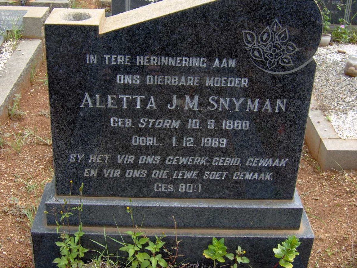 SNYMAN Aletta J.M. nee STORM 1880-1989