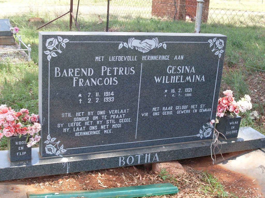 BOTHA Barend Petrus Francois 1914-1993 &amp; Gesina Wilhelmina 1921-1996