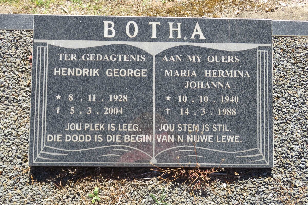 BOTHA Hendrik George 1928-2004 &amp; Maria Hermina Johanna 1940-1988