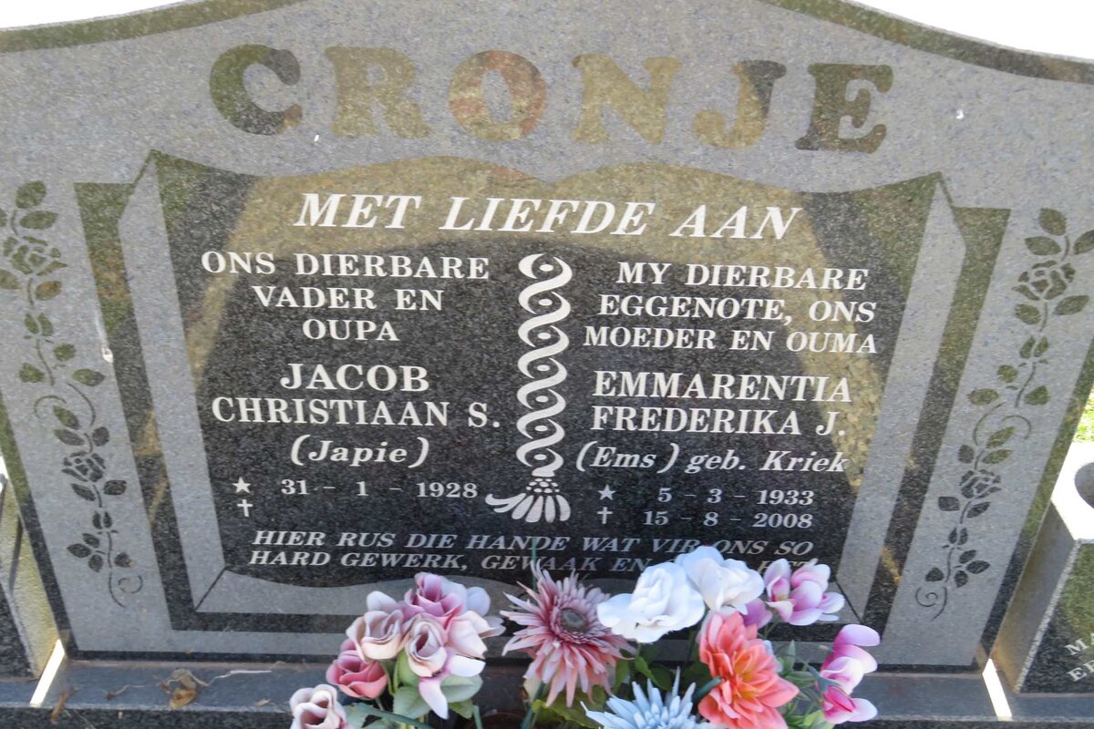 CRONJE Jacob Christiaan S. 1928- &amp; Emmarentia Frederika J. KRIEK 1933-2008