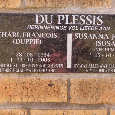 PLESSIS Charl Francois, du 1934-2005 &amp; Susanna Johanna HUMAN 1939-