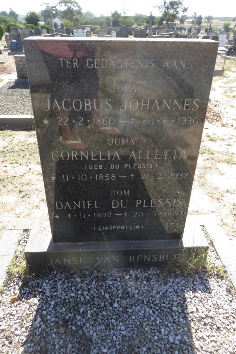 RENSBURG Jacobus Johannes, Janse van 1860-1930 &amp; Cornelia Alletta DU PLESSIS 1858-1932 :: DU PLESSIS Daniel 1892-1920