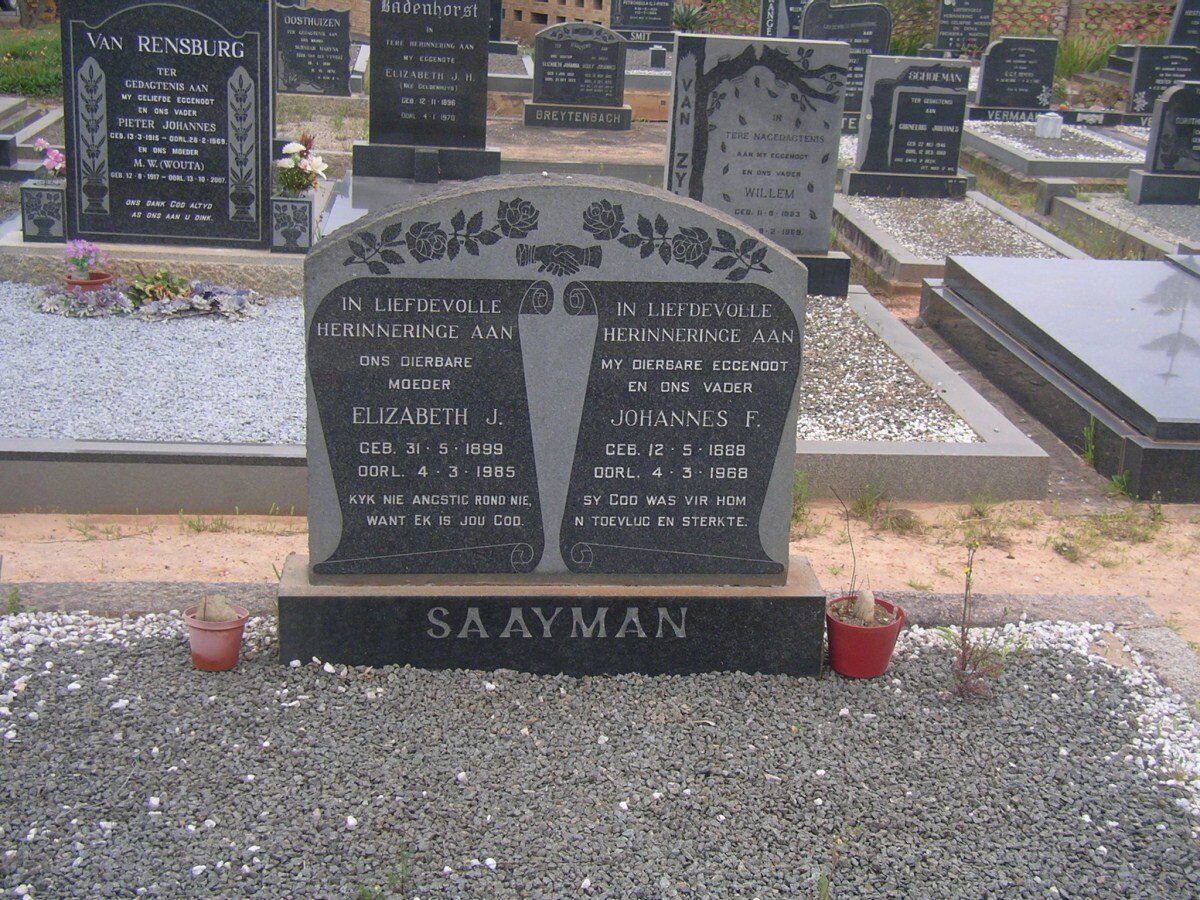 SAAYMAN Johannes F. 1888-1968 &amp; Elizabeth J. 1899-1985 