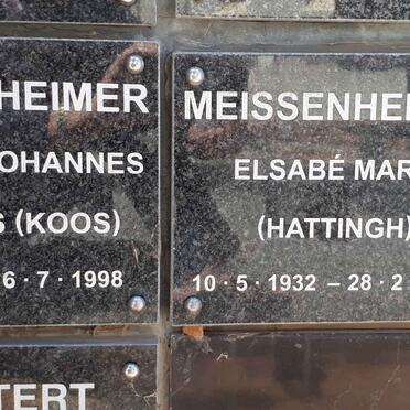 MEISSENHEIMER Jacobus Johannes Albertus 1927-1998 &amp; Elsabe Maria HATTINGH 1932-2016