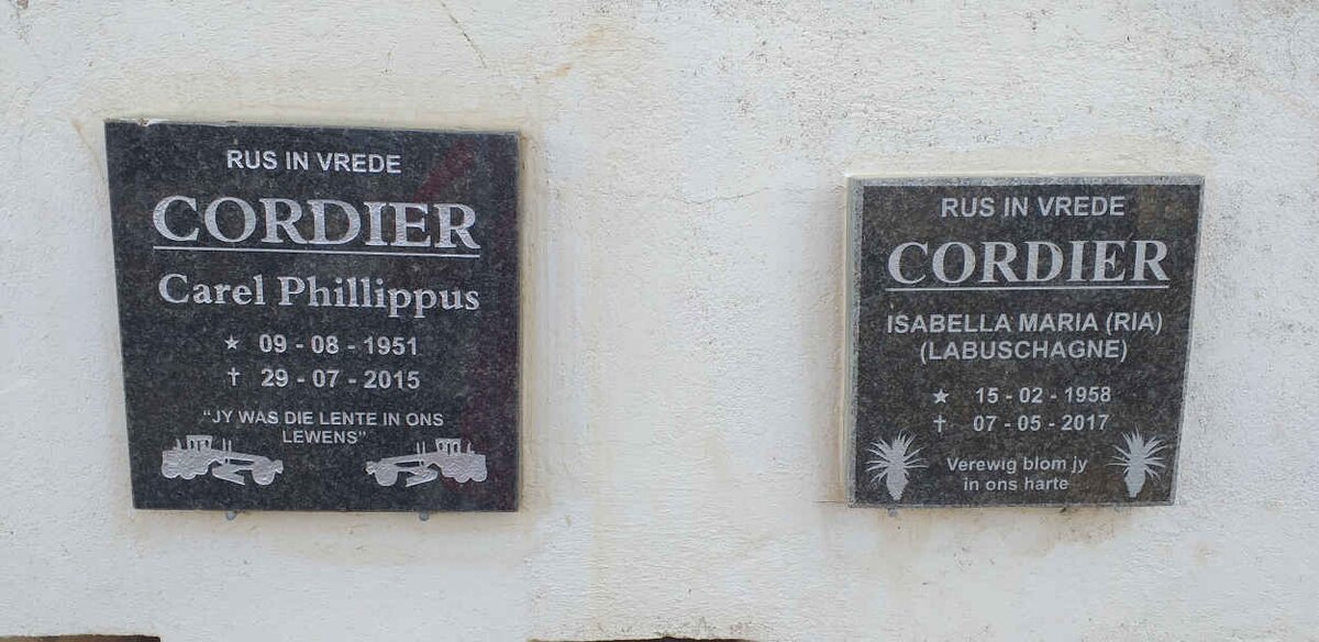 CORDIER Carel Phillippus 1951-2015 :: CORDIER Isabella Maria nee LABUSCHAGNE 1958-2017
