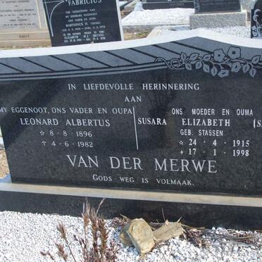 MERWE Leonard Albertus, van der 1896-1982 &amp; Susara Elizabeth STASSEN 1915-1998