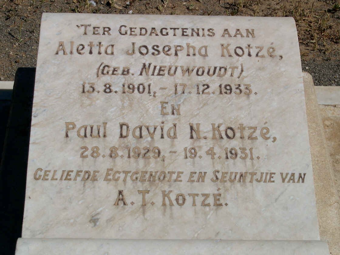 KOTZÉ Aletta Josepha nee NIEUWOUDT 1901-1933 :: KOTZÉ Paul David N. 1929-1931