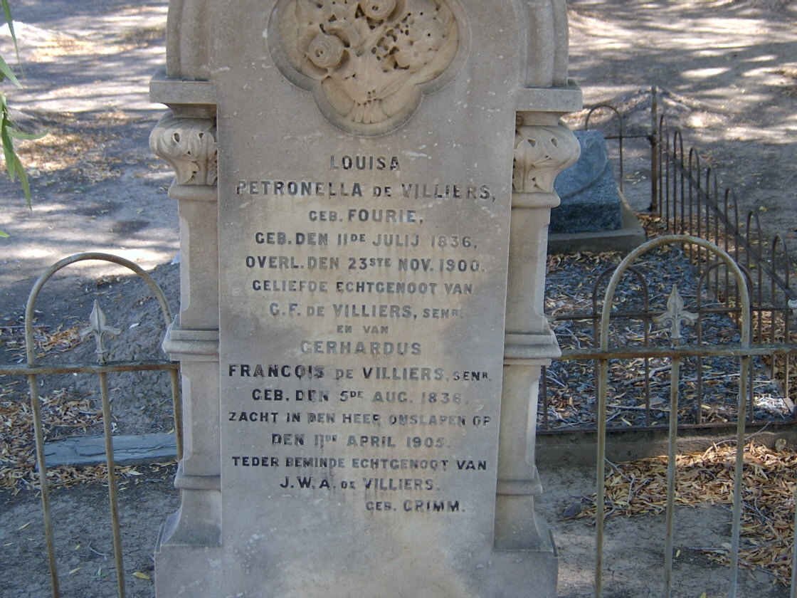 VILLIERS Gerhardus Francios, de 1836-1905 :: DE VILLIERS Louisa Petronella nee FOURIE 1836-1900