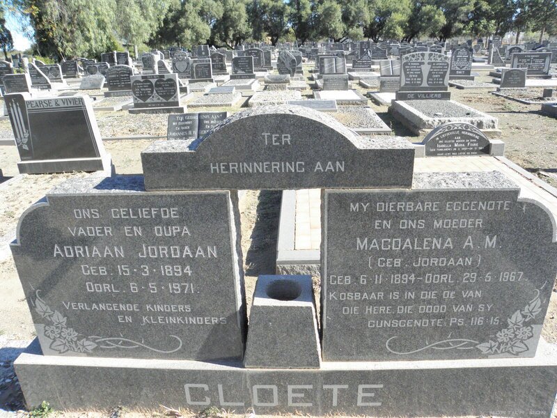 CLOETE Adriaan Jordaan 1894-1971 &amp; Magdalena A.M. JORDAAN 1894-1967