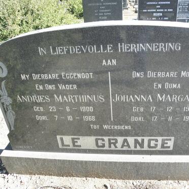 GRANGE Andries Marthinus, Le 1900-1968 &amp; Johanna Margaretha 1908-1994