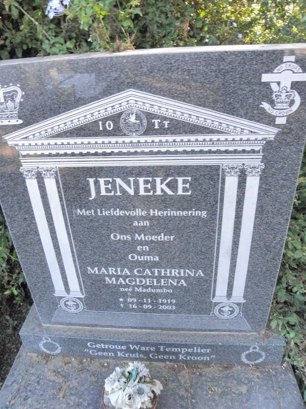 JENEKE Maria Catharina Magdelena nee MADUMBO 1919-2003