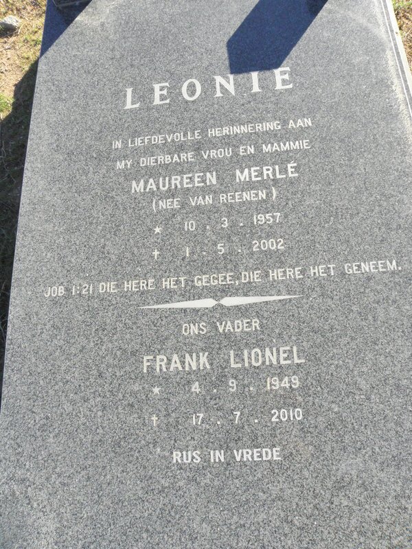 LEONIE Frank Lionel 1949-2010 &amp; Maureen Merle  VAN REENEN 1957-2002