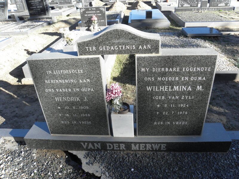 MERWE Hendrik J., van der 1909-1988 &amp; Wilhelmina M. VAN ZYL 1924-1978