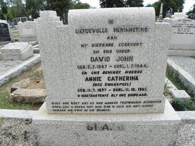 GRANT David John 1867-1944 &amp; Annie Catherina SWANEPOEL 1877-1957