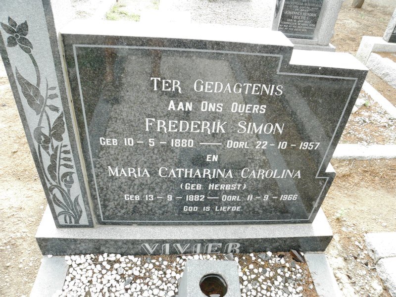 VIVIER Fredrik Simon 1880-1957 &amp; Maria Catharina Carolina HERBST 1882-1966