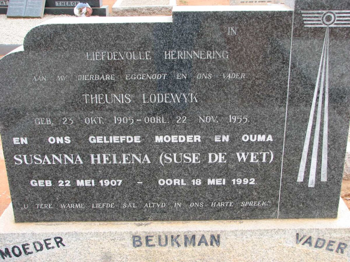 BEUKMAN Theunis Lodewyk 1905-1955 &amp; Susanna Helena DE WET 1907-1992