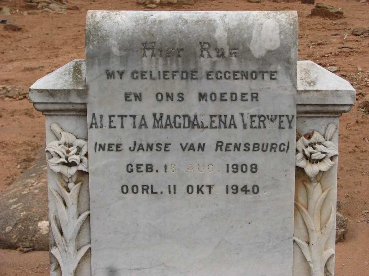 VERWEY Aletta Magdalena nee JANSE VAN RENSBURG 1908-1940