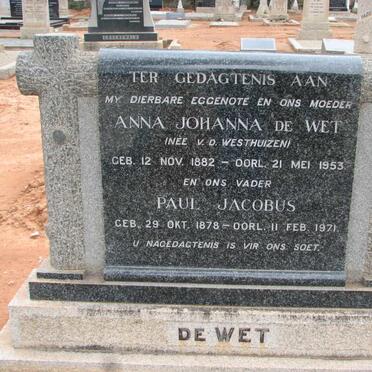 WET Paul Jacobus, de 1878-1971 &amp; Anna Johanna VAN DER WESTHUIZEN 1882-1953