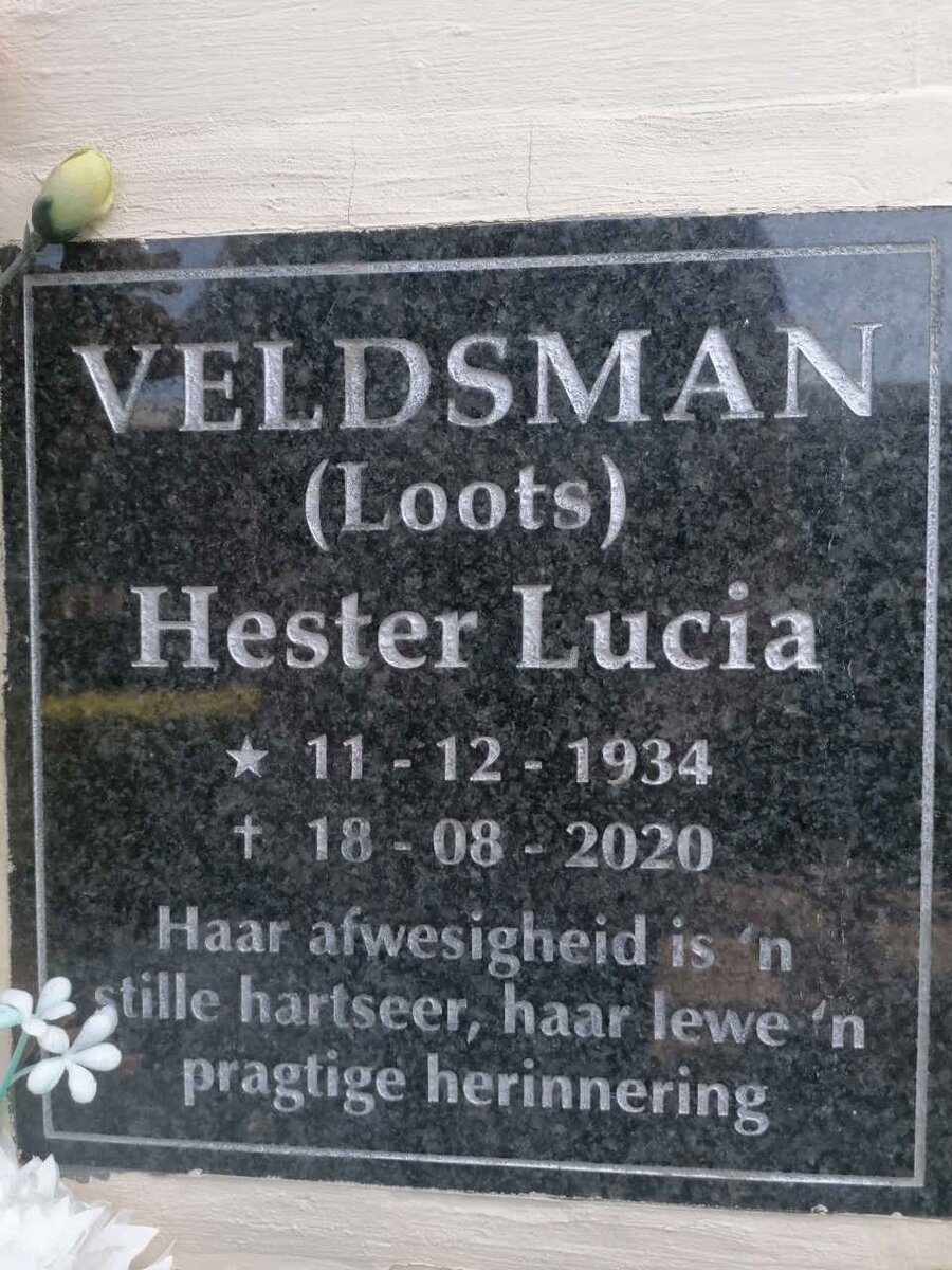 VELDSMAN Hester Lucia nee LOOTS 1934-2020
