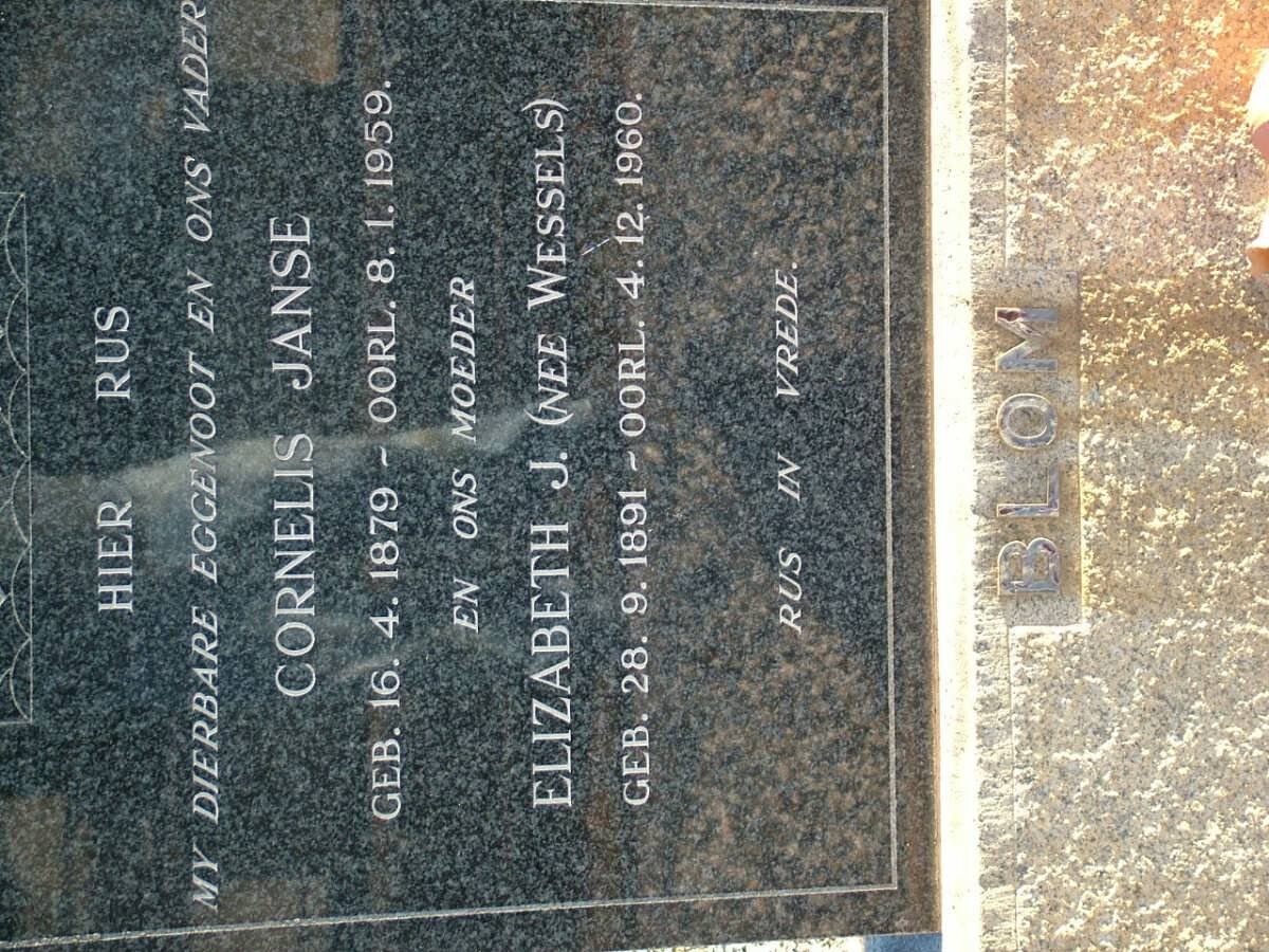 BLOM Cornelis Janse 1879-1959 &amp; Elizabeth J. WESSELS 1891-1960