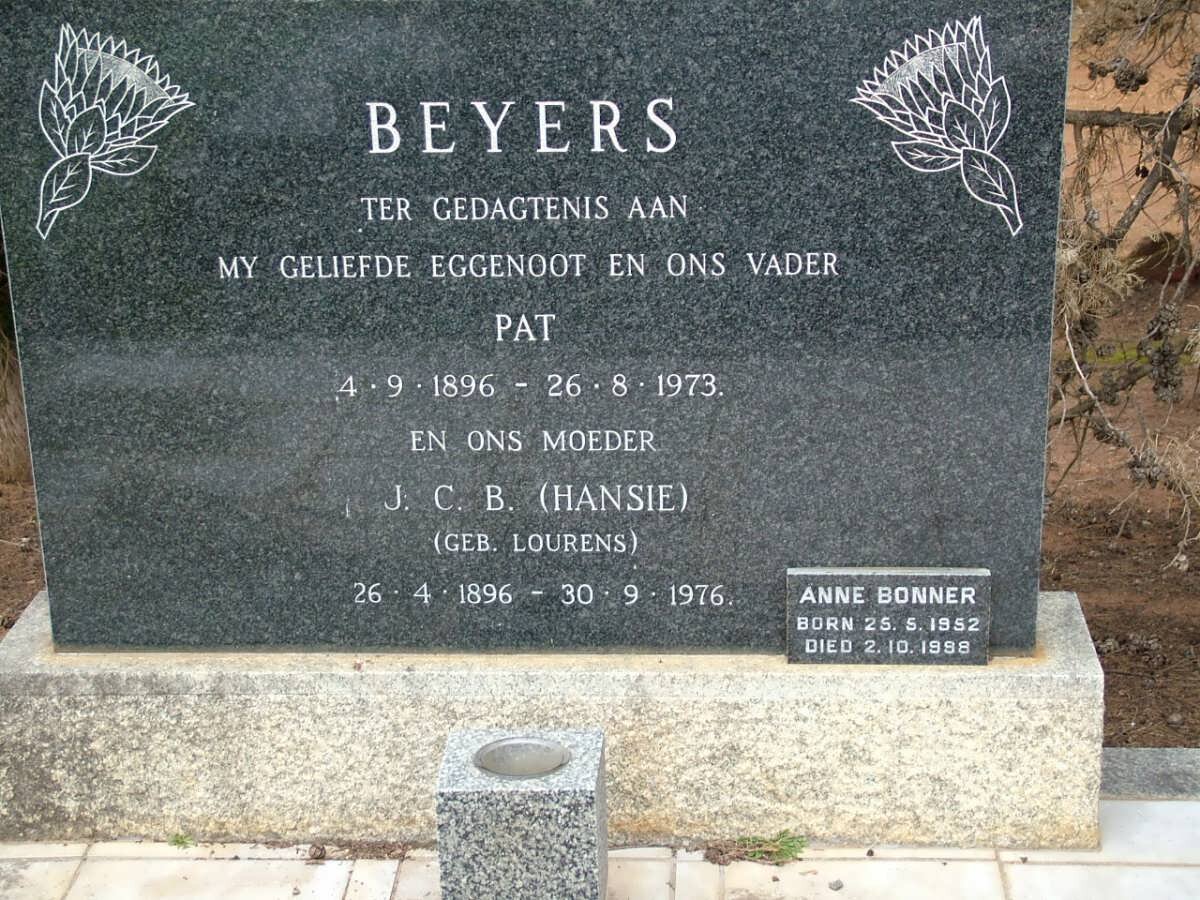 BEYERS Pat 1896-1973 &amp; J.C.B. LOURENS 1896-1976 :: BONNER Anne 1952-1998