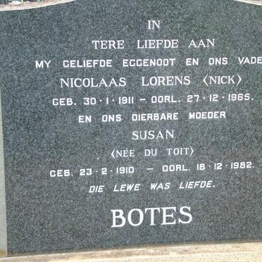 BOTES Nicolaas Lorens 1911-1965 &amp; Susan DU TOIT 1910-1982