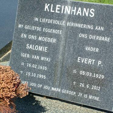 KLEINHANS Evert P. 1929-2012 &amp; Salomie VAN WYK 1935-1995