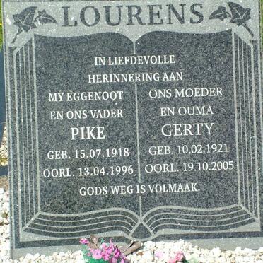 LOURENS Pike 1918-1996 &amp; Gerty 1921-2005 :: LOURENS Michael George 1952-2012