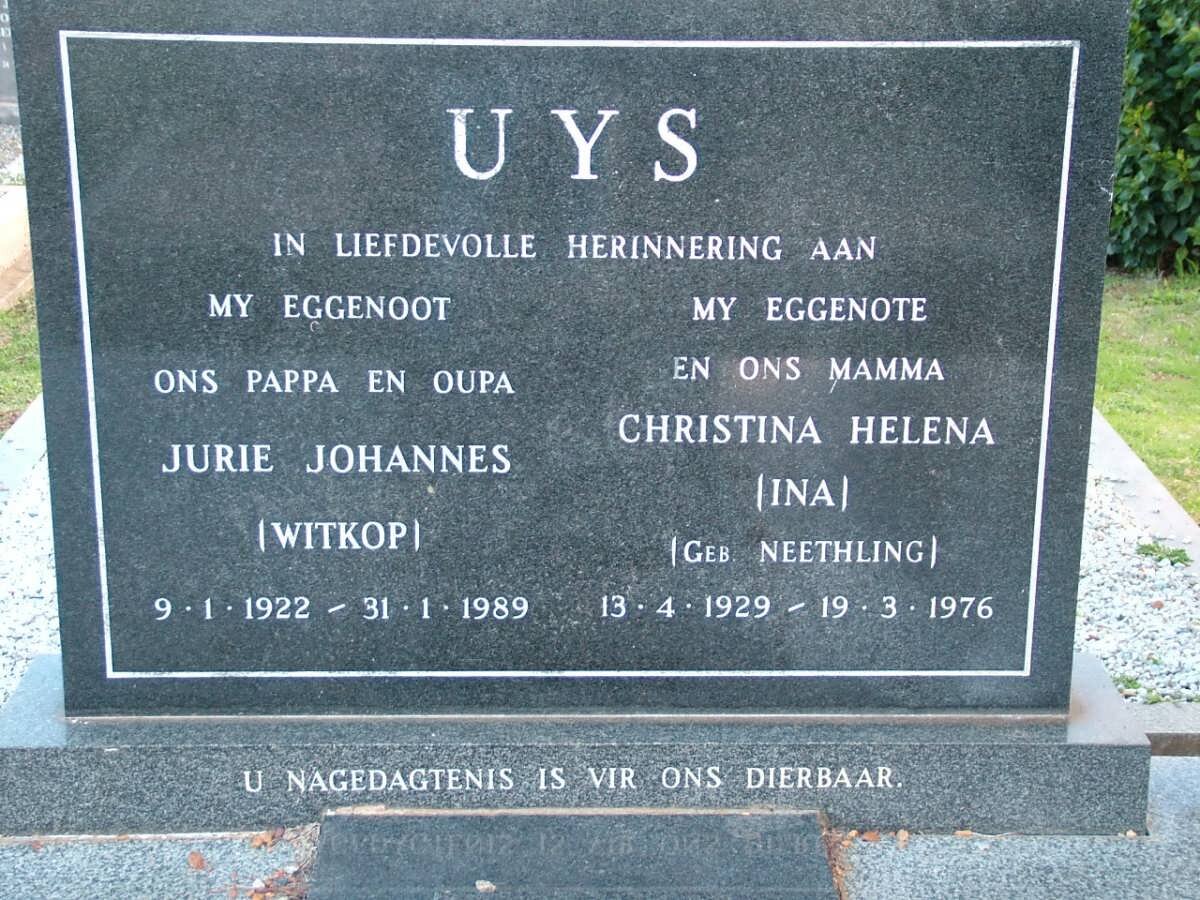 UYS Jurie Johannes 1922-1989 &amp; Christina Helena NEETHLING 1929-1976