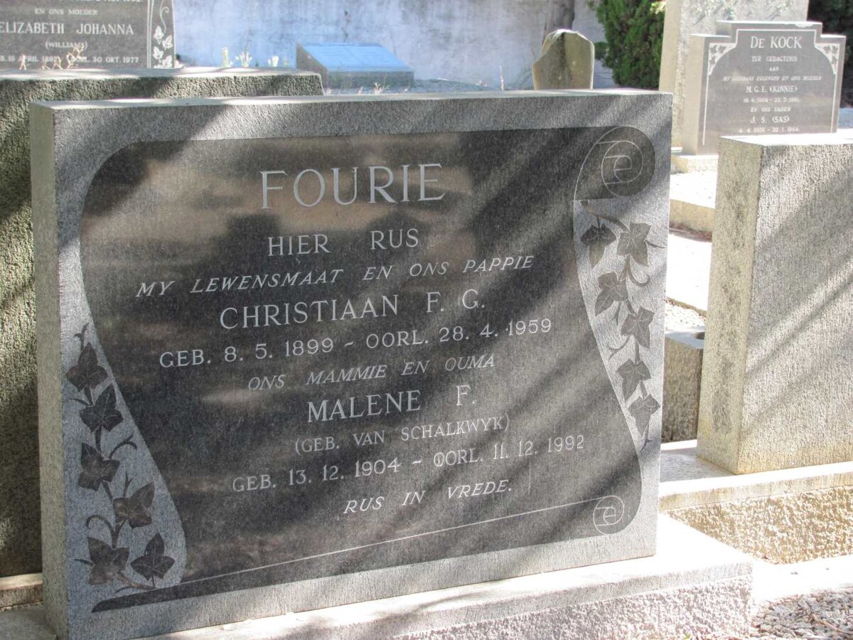 FOURIE Christiaan F.G. 1899-1959 &amp; Malene F. VAN SCHALKWYK 1904-1992