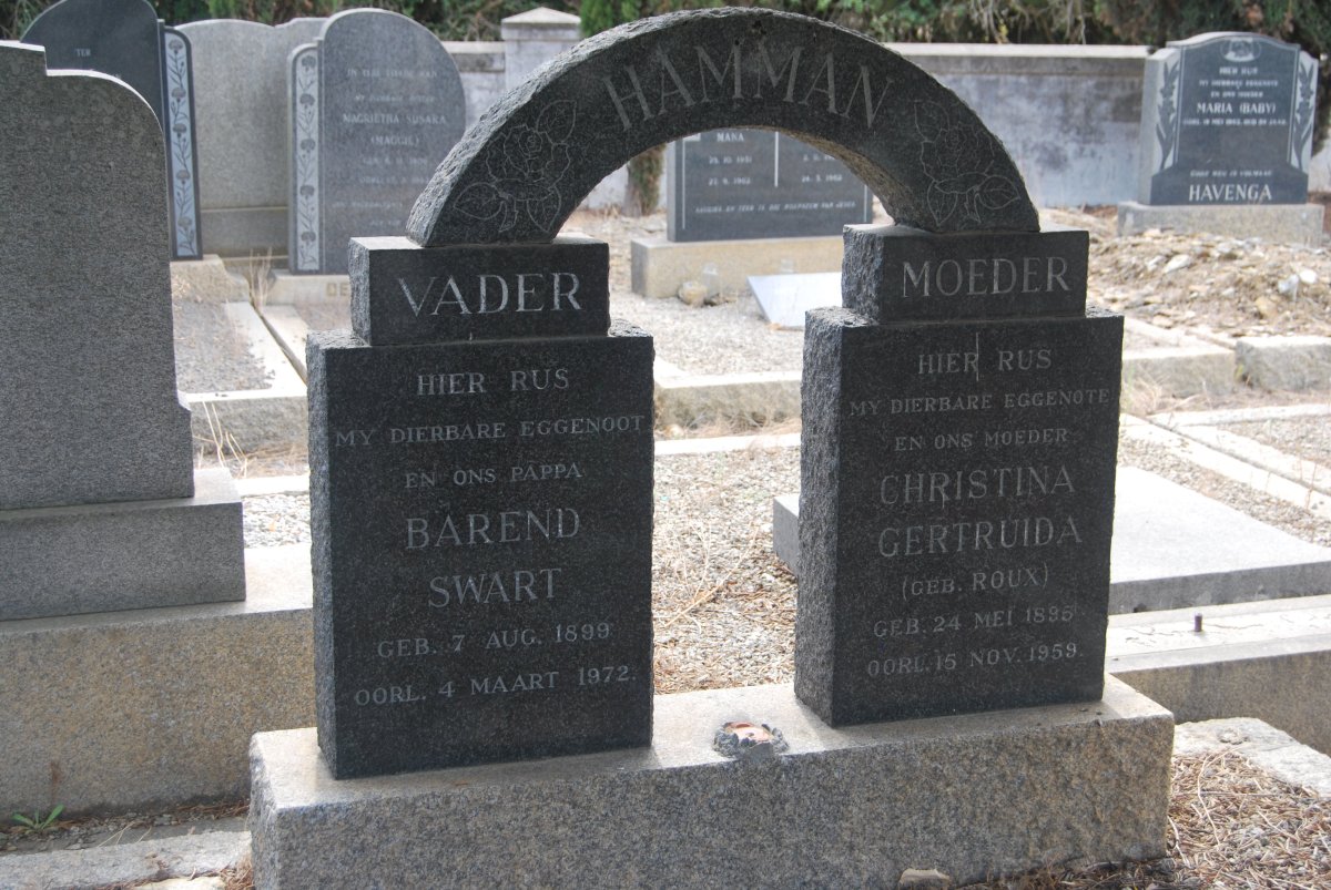 HAMMAN Barend Swart 1899-1972 &amp; Christina Gertruida ROUX 1895-1959