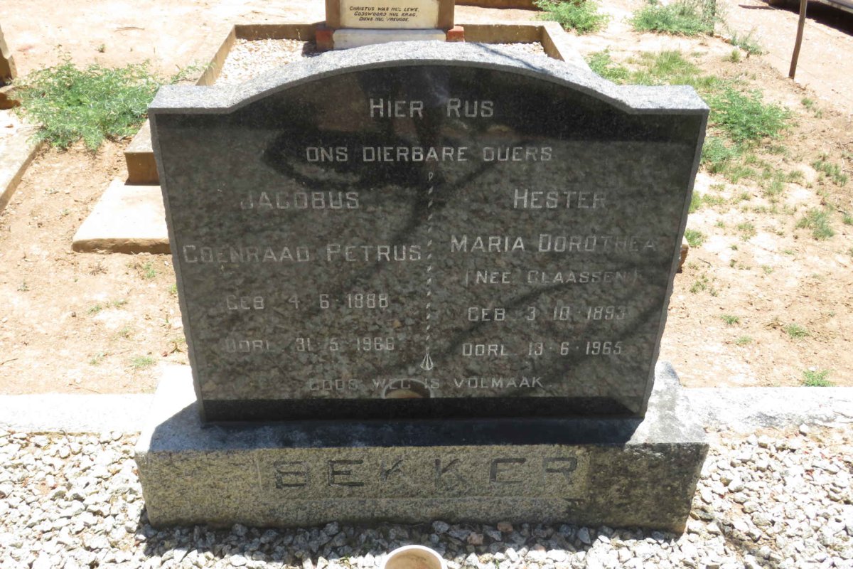 BEKKER Jacobus Coenraad Petrus 1888-1966 &amp; Hester Maria Dorothea CLAASSEN 1893-1965