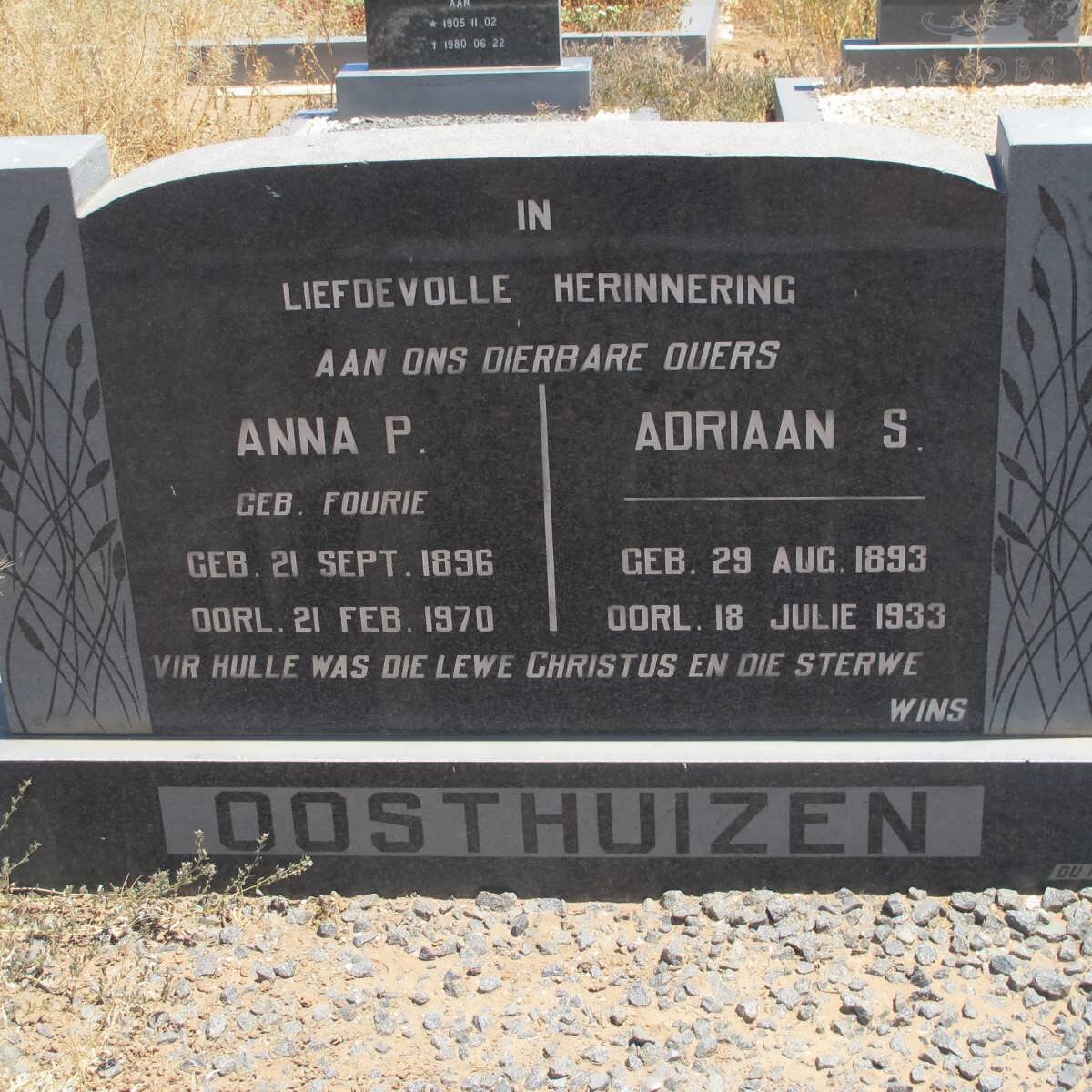OOSTHUIZEN Adriaan S. 1893-1933 &amp; Anna P. FOURIE 1896-1970