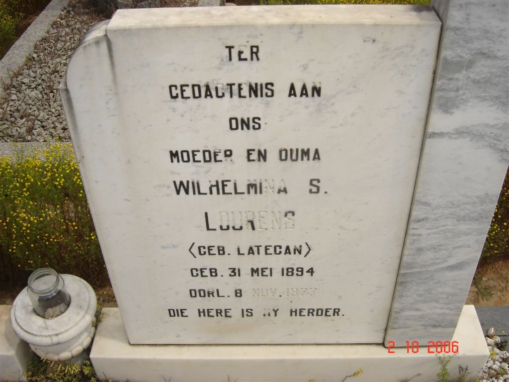 LOURENS Wilhelmina S. nee LATEGAN 1894-1977