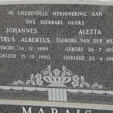 MARAIS Johannes Petrus Albertus 1889-1980 &amp; Aletta van der MERWE 1891-1982