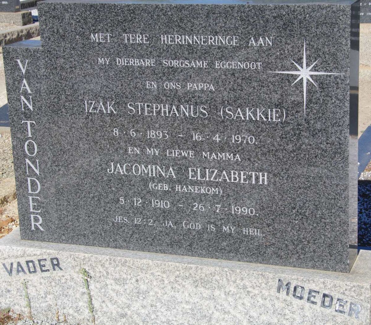 TONDER Izak Stephanus, van 1893-1970 &amp; Jacomina Elizabeth HANEKOM 1910-1990 