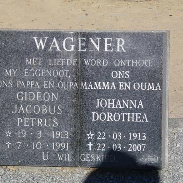 WAGENER Gideon Jacobus Petrus 1913-1991 &amp; Johanna Dorothea 1913-2007