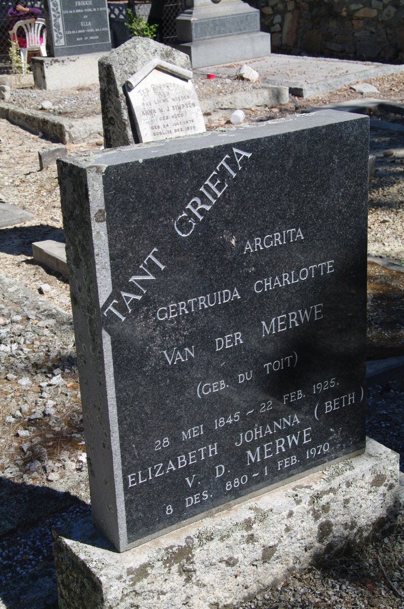 MERWE Margrita Gertruida Charlotte, van der nee Du TOIT 1845-1925 :: V.D. MERWE Elizabeth Johanna 1880-1970
